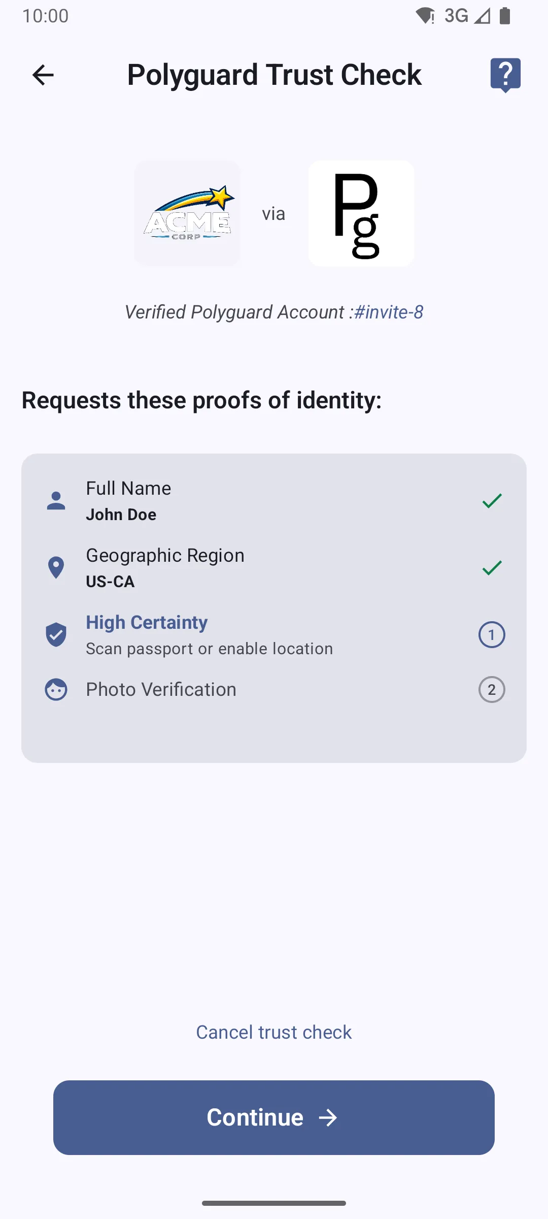 Polyguard Mobile trust check on Android showing requested identity proofs from ACME Corp